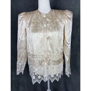 Vintage Jessica McClintock Silk Lace Blouse/Jacket Size 6 Ivory Floral Victorian